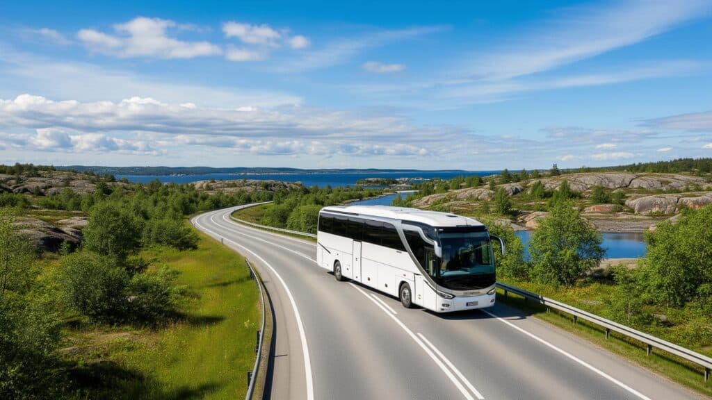 Moderne buss på landsväg i naturskön miljö.